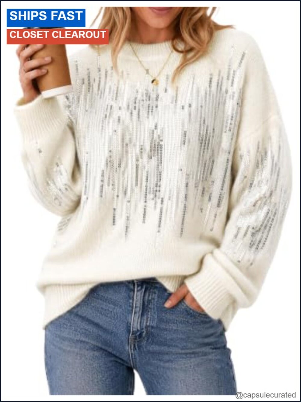 Sequin Pullover Sweater Women Long Sleeve One Size Fall Winter Knit Top